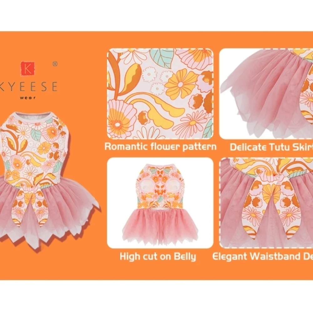KYEESE Dog Tiered Layeref Tutu Tulle Dress in Orange Floral Size L
